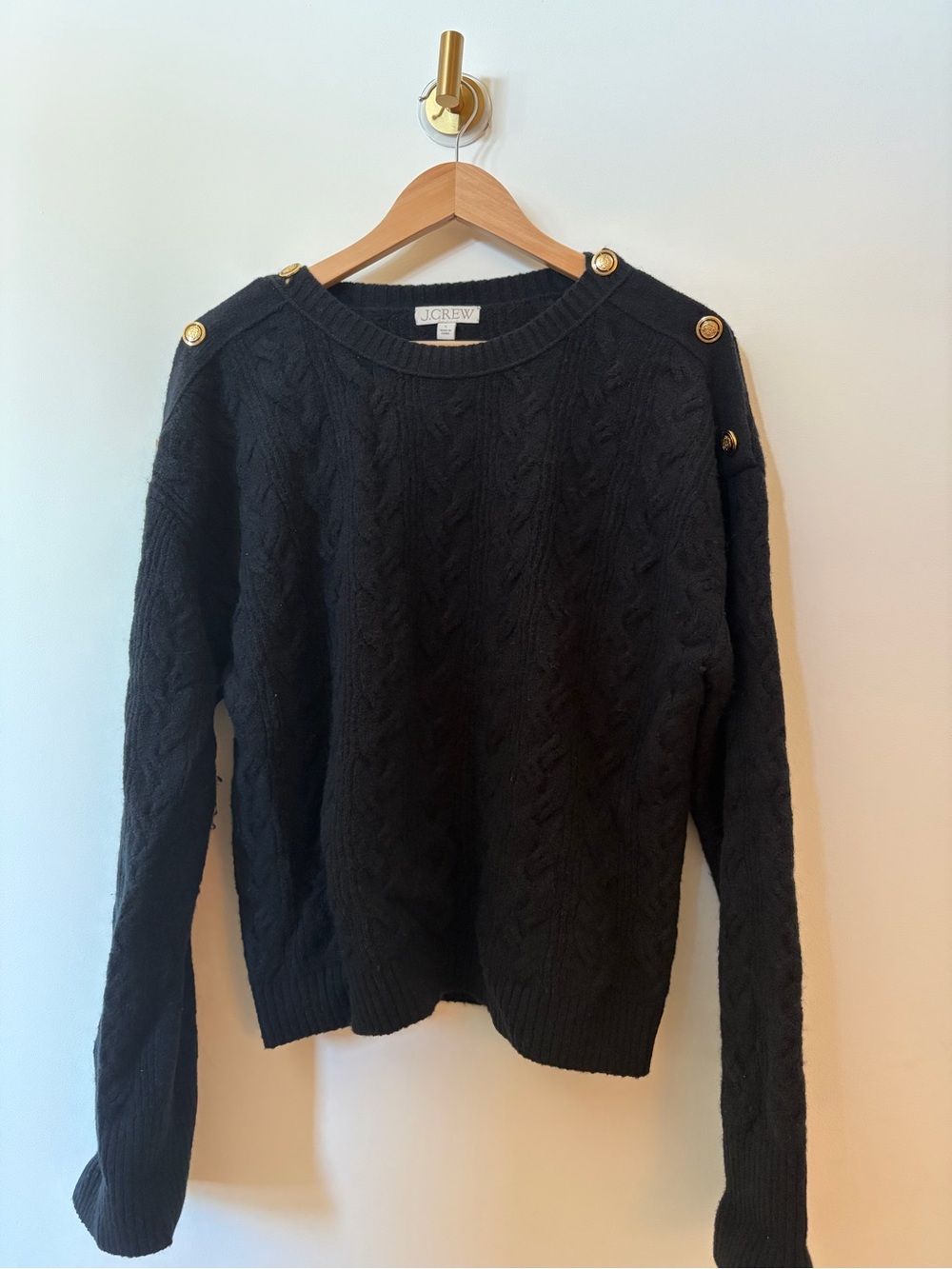 J. Crew Black Cable-Knit Sweater with Gold Shoulder Buttons